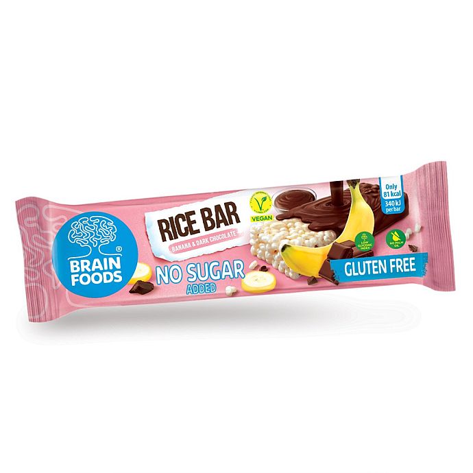 Ryžių batonėlis su šokoladu ir bananais be pridėtinio cukraus Brain Foods, 18g