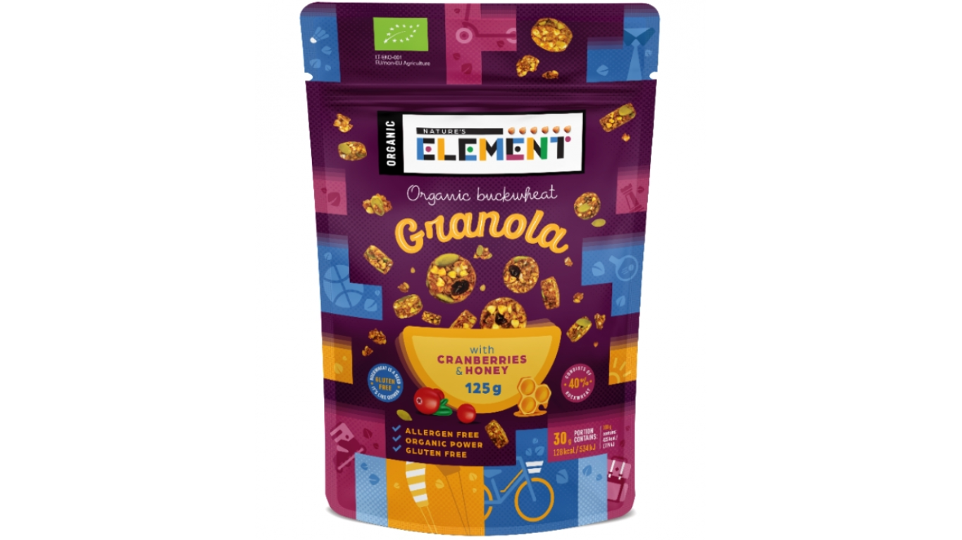 Ekologiška grikių granola su medumi ir spanguolėmis, 125g