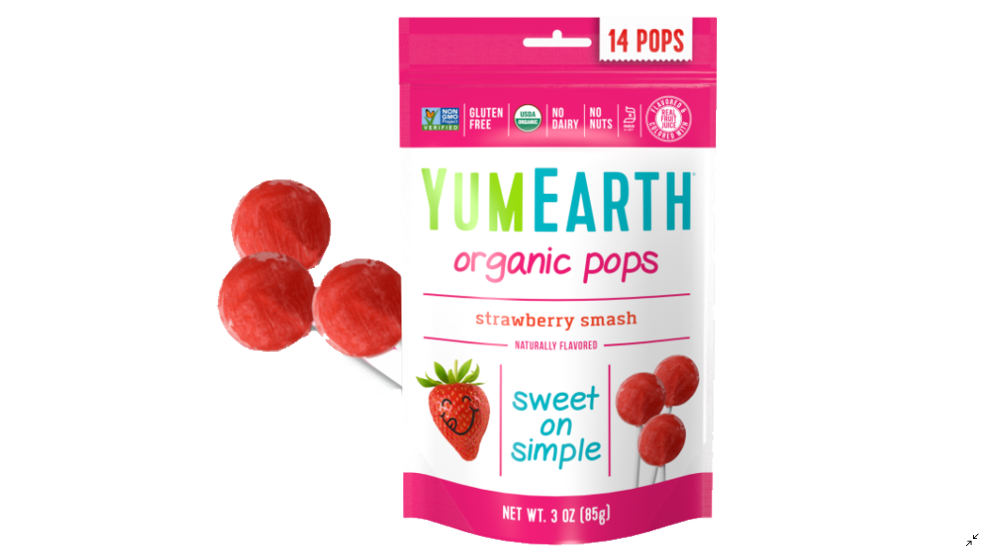 Ekologiški čiulpinukai ant pagaliuko (braškių skonio) YUMEARTH, 14 vnt., 87g