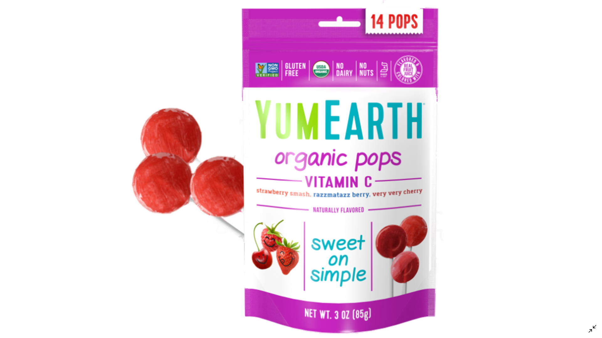 Ekologiški čiulpinukai ant pagaliuko su vitaminu C YUMEARTH, 14 vnt., 87g