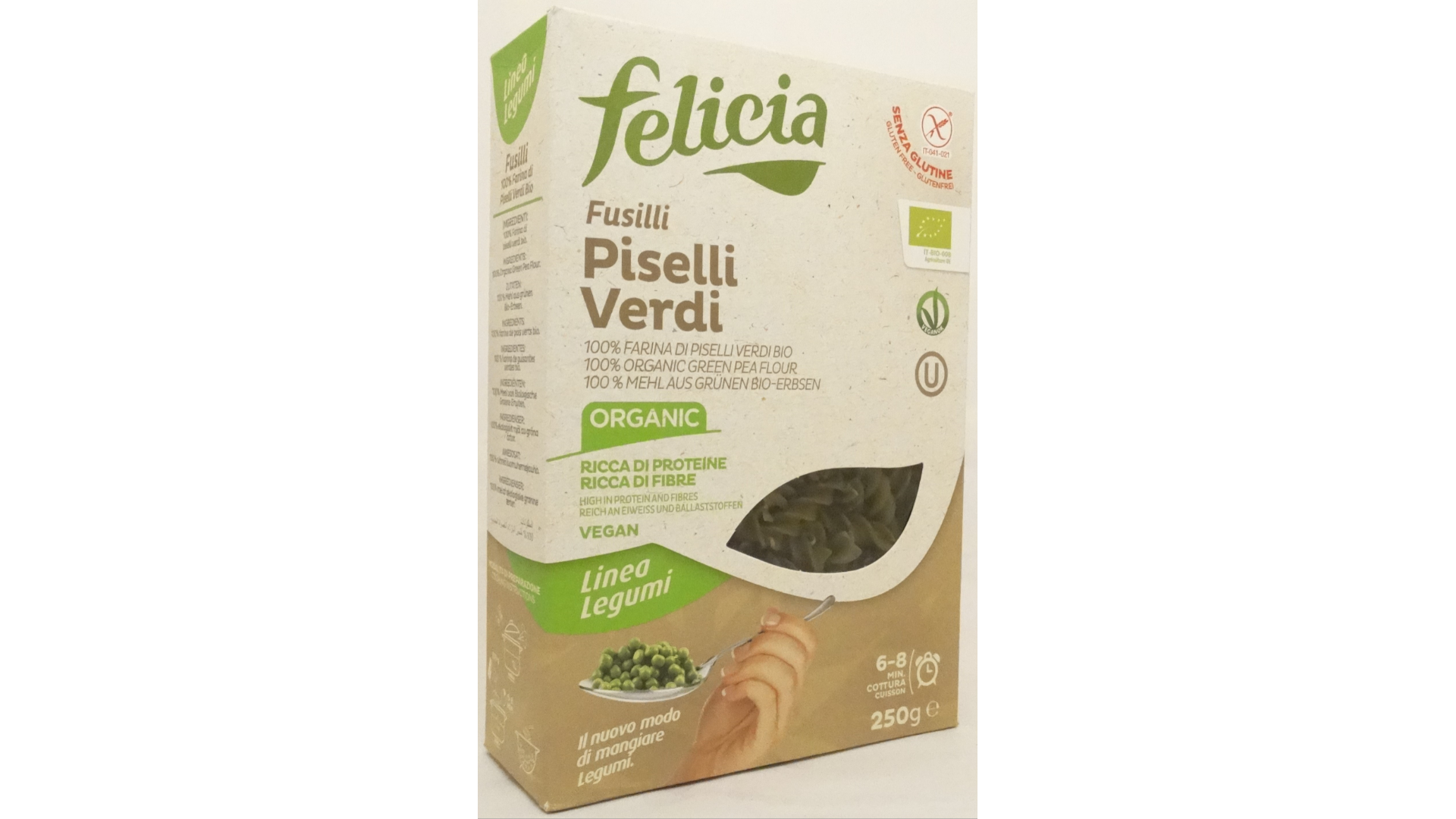 Ekologiški žaliųjų žirnelių makaronai (fusilli) FELICIA, 250g - Image 2