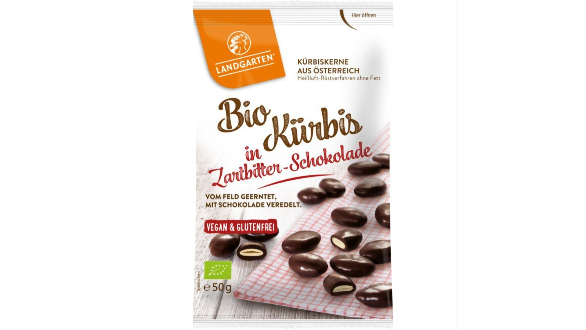 Ekologiškos skrudintos moliūgų sėklos juodajame šokolade LANDGARTEN, 50g