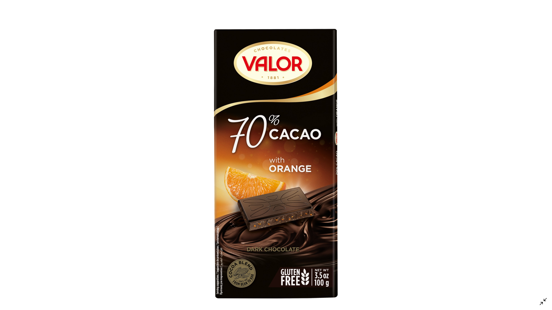 Juodasis šokoladas 70% su apelsinais VALOR, 100g