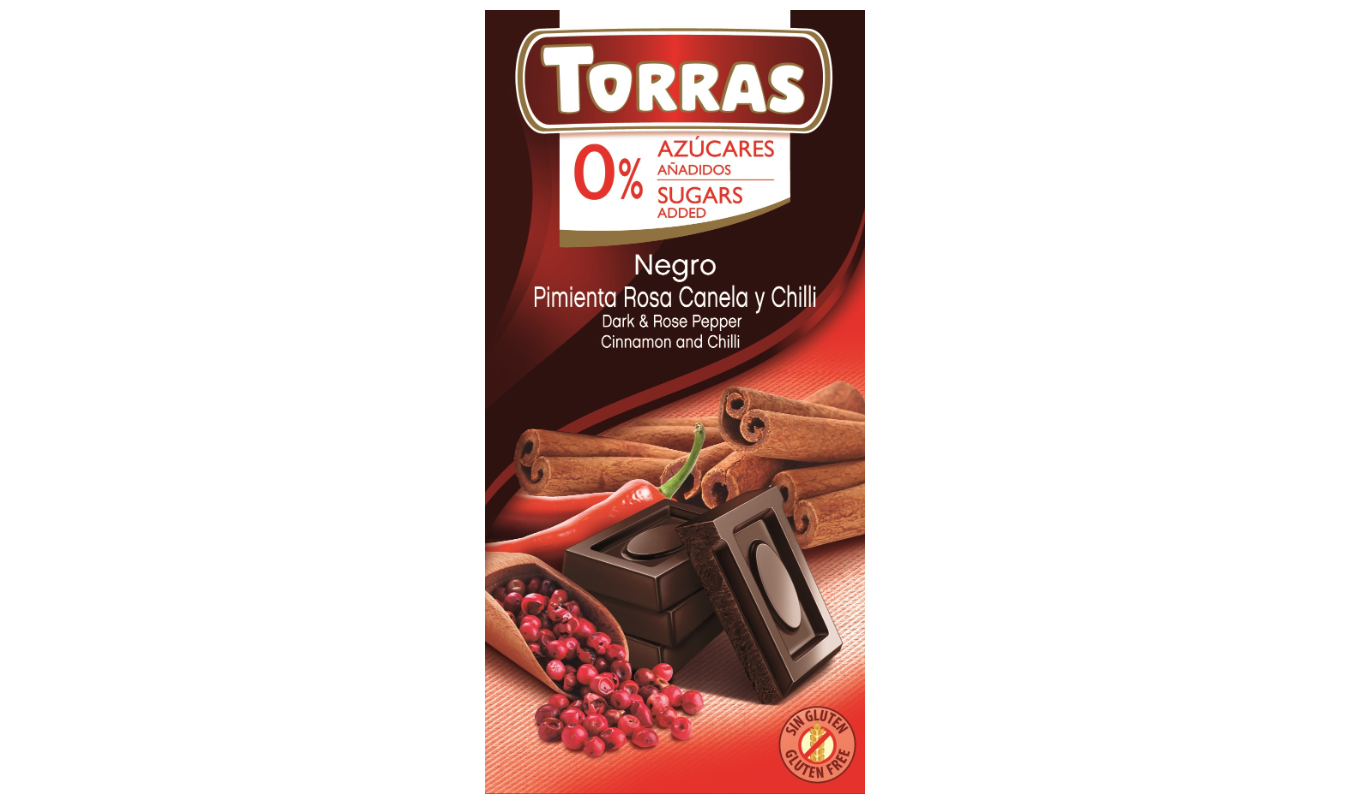 Juodasis šokoladas su pipirais, cinamonu ir čili TORRAS, 75g