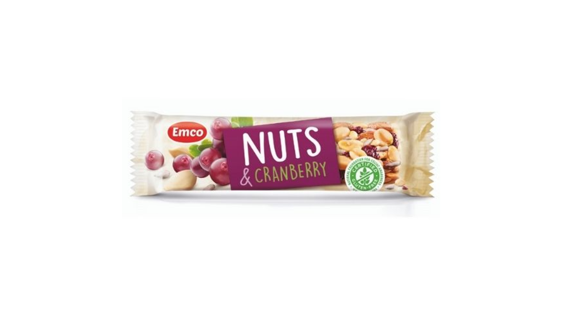 Riešutų batonėlis su spanguolėmis, anakardžių riešutais ir migdolais EMCO, 35g