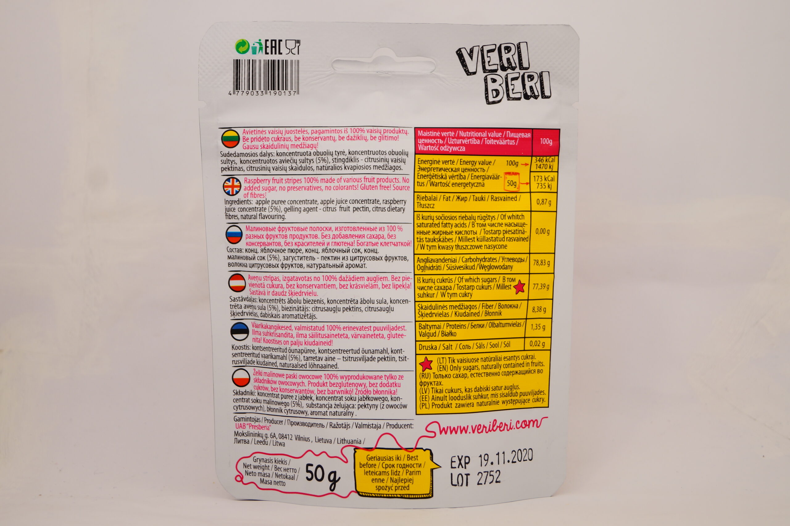 Vaisių juostelės Veri Beri (avietinės), 50g - Image 2